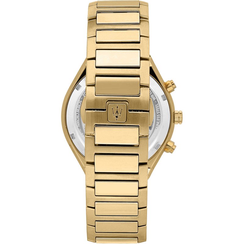 Maserati Orologio Uomo Collezione STILE – Quarzo Cronografo, Cassa 45mm In Acciaio PVD Oro, Quadrante Blu, Vetro Minerale, Impermeabile 10 ATM