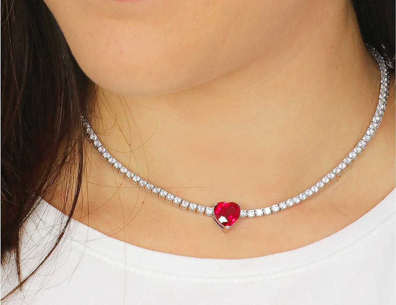 Damen Halskette Tennis Rot Herz Silber 925 TCBA2