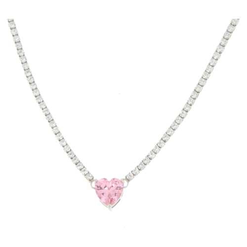 Woman Tennis Necklace Pink Heart Silver 925