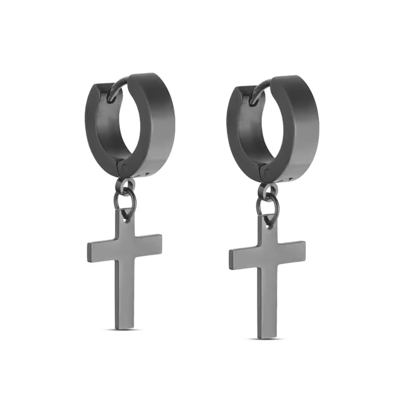 Orecchini Uomo Acciaio Inox 316L Oro – Creoli A Scatto Con Croce – 4mm X3 - Foto 4