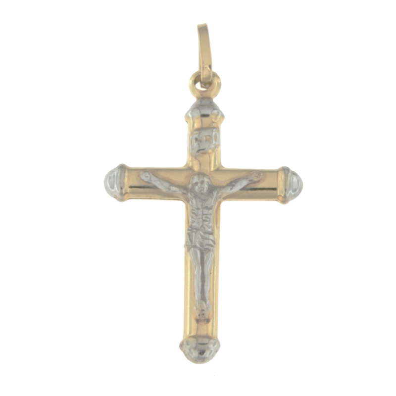 Ciondolo Uomo Croce In Oro 18kt (750) Bicolore Giallo E Bianco – Pendente Religioso Con Cristo Cappucci, Produzione Italiana, Altezza 36mm