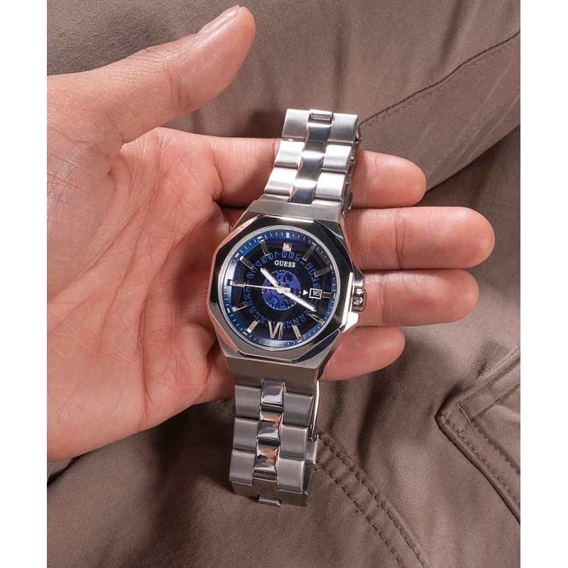 Orologio Uomo Guess EMPEROR GW0573G1 - Quadrante Analogico Argento, Bracciale In Acciaio, Vetro Minerale, Movimento Al Quarzo